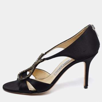 Pre Owned Jimmy Choo Black Satin Crystal Embellished Open Toe Sandals Size 39.5