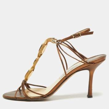 Pre Owned Jimmy Choo Metallic Brown Leather Jewelled Sandals Size 39.5