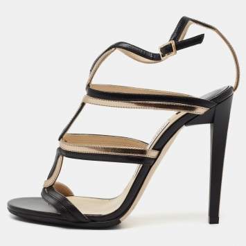 Pre Owned Jimmy Choo Black/Gold Leather Strappy Sandals Size 36