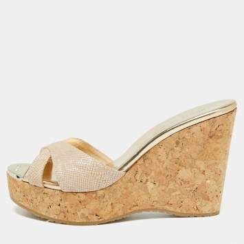 Pre Owned Jimmy Choo Beige Leather Pandora Cork Wedges Slide Sandals Size 36.5