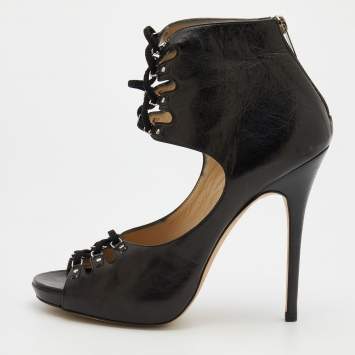 Pre Owned Jimmy Choo Black Leather Cut-Out Booties Size 40