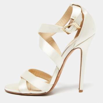 Pre Owned Jimmy Choo Off-White Satin Criss Cross Strappy Sandals Size 38