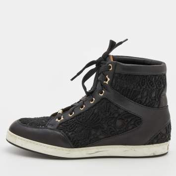 Pre Owned Jimmy Choo Black Lace and Leather Tokyo High Top Sneakers Size 36.5