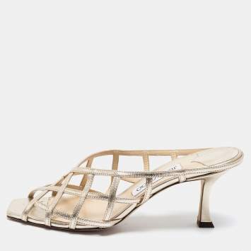 Pre Owned Jimmy Choo Metallic Gold Leather Saila Mules Size 38