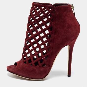 Pre Owned Jimmy Choo Burgundy Suede Drift Cut-Out Peep-Toe Ankle Booties Size 38