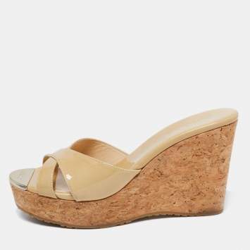 Pre Owned Jimmy Choo Beige Patent Leather  Cork Wedge Sandals Size 37.5