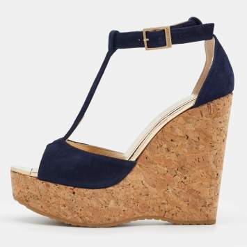 Pre Owned Jimmy Choo Navy Blue Suede Pela Cork Wedge Platform Ankle Strap Sandals Size 37