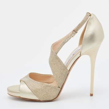 Pre Owned Jimmy Choo Metallic Gold Lame Fabric And Leather Ankle Strap Sandals Size 41