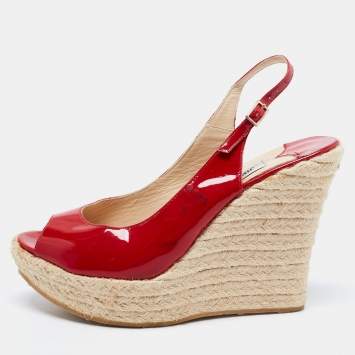 مملوكة مسبقًا Jimmy Choo Red Patent Leather Espadrille Wedge Slingback Sandals Size 40