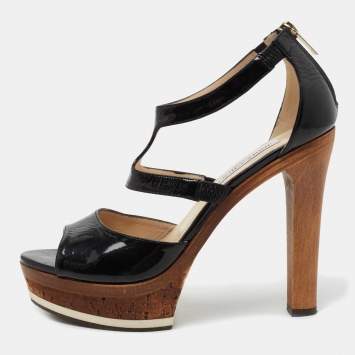 Pre Owned Jimmy Choo Black Patent Leather Ankle Strap Platform Sandals Size 39.5