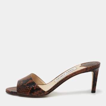 Pre Owned Jimmy Choo Brown/Black Lizard Embossed Leather Stacey Slide Sandals Size 36