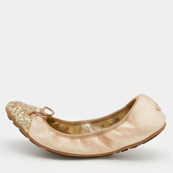 Pre Owned Jimmy Choo Metallic Gold Satin And Glitter Cap Toe Bow Scrunch Ballet Flats Size 38