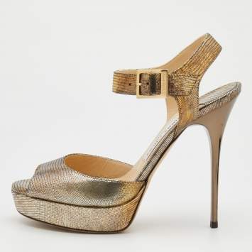 Pre Owned Jimmy Choo Gold Lizard Embossed Leather Open Toe Platform Ankle Strap Sandals Size 38