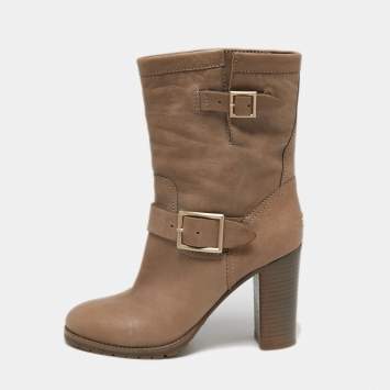 Pre Owned Jimmy Choo Brown Leather Buckle Detail Ankle Boots Size 38.5