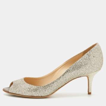 Pre Owned Jimmy Choo Silver Glitter Fabric Isabel Peep Toe Pumps Size 38.5