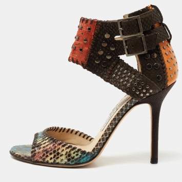 Pre Owned Jimmy Choo Multicolor Studded Snakeskin And Leather Ankle Strap Sandals Size 36.5
