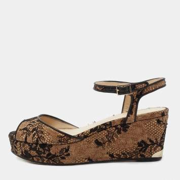 Pre Owned Jimmy Choo Beige/Black Cork And Lace Wedge Ankle Strap Sandals Size 37.5