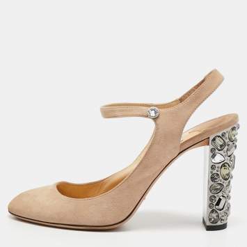 Pre Owned Jimmy Choo Beige Suede Crystal Embellished Heel Meagan Slingback Pumps Size 39