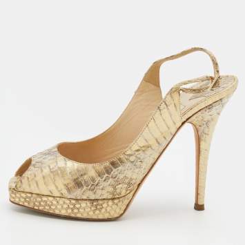 Pre Owned Jimmy Choo Metallic Gold Watersnake Platform Slingback Peep Toe Pumps Size 37.5