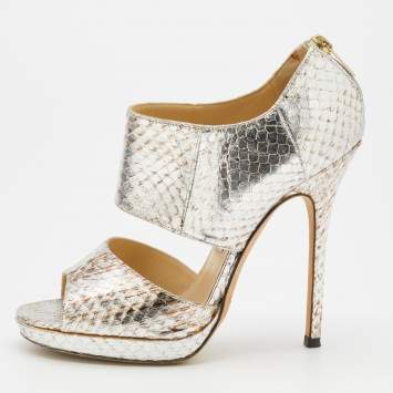 Pre Owned Jimmy Choo Metallic Silver Python Leather Private Open Toe Pumps Size 37.5