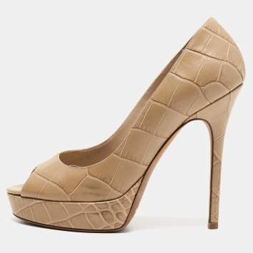 مملوكة مسبقًا Jimmy Choo Beige Croc Embossed Leather Peep Toe Platform Pumps Size 37.5
