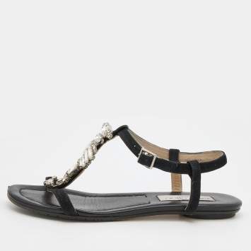Pre Owned Jimmy Choo Black Suede Crystal Embellished Flat Sandals Size 36