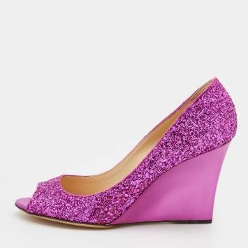 Pre Owned Jimmy Choo Metallic Pink Glitter Wedge Peep Toe Pumps Size 39