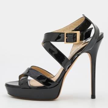 Pre Owned Jimmy Choo Black Patent Leather Vamp Platform Sandals Size 37