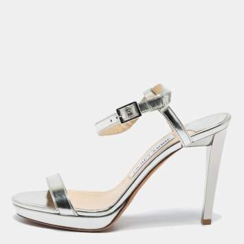 Pre Owned Jimmy Choo Silver Leather Ankle Strap Sandals Size 36