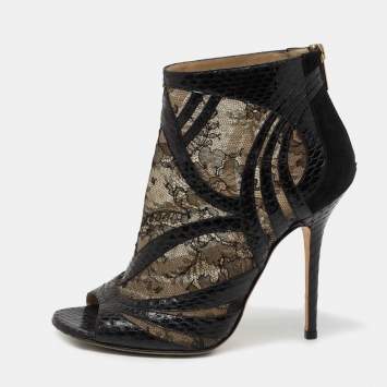 Pre Owned Jimmy Choo Black/Beige Snakeskin And Lace Ankle Boots Size 40