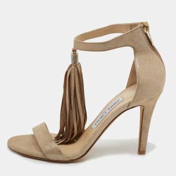 Pre Owned Jimmy Choo Metallic Beige Suede Voila Tassel Ankle Cuff Sandals Size 36.5