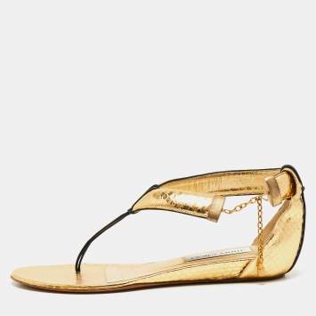Pre Owned Jimmy Choo Gold Python Embossed Leather Ankle Strap Flat Sandals Size 37