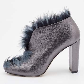 Pre Owned Jimmy Choo Metallic Grey Leather and Fabric Ladine Ankle Booties Size 39