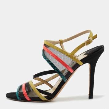 Pre Owned Jimmy Choo Multicolor Leather and Mesh Visby Strappy Sandals Size 36.5