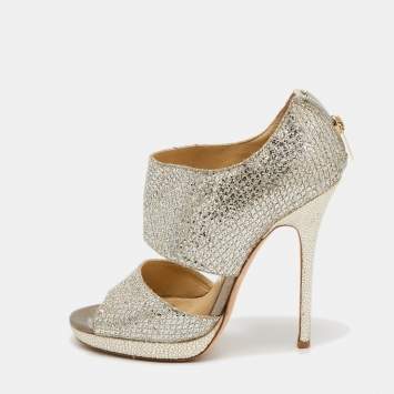 Pre Owned Jimmy Choo Metallic Silver Glitter Private Platform Sandals Size 37