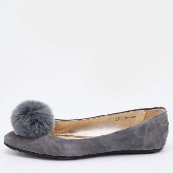 Pre Owned Jimmy Choo Grey Suede and Pom-Pom Fur Ballet Flats Size 38