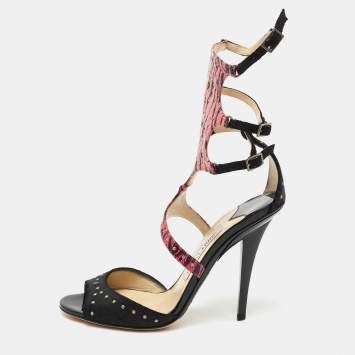 Pre Owned Jimmy Choo Black/Pink Studded Suede and Printed Leather Strappy Sandals Size 37