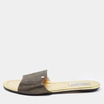 Pre Owned Jimmy Choo Black/Gold Leather Nanda Flat Slides Size 40.5 