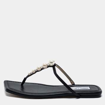 Pre Owned Jimmy Choo Black Leather Embellished Thong Flats Size 38.5