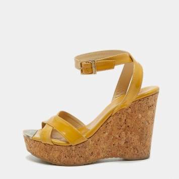 Pre Owned Jimmy Choo Beige Patent Wedge Sandals Size 37
