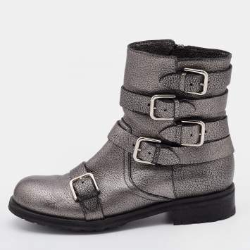 Pre Owned Jimmy Choo Metallic Silver Leather Dawson Ankle Boots Size 36.5