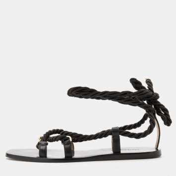 Pre Owned Jimmy Choo Black Rope and Leather Aziza Flat Ankle Wrap Sandals Size 38