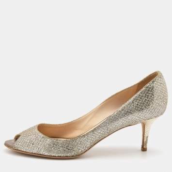 Pre Owned Jimmy Choo Metallic Gold Glitter Peep Toe Pumps Size 41