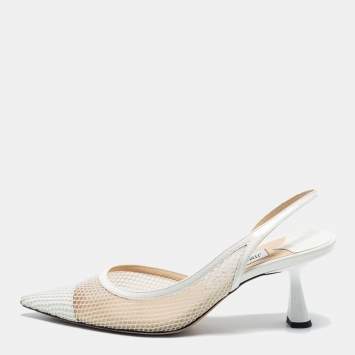Pre Owned Jimmy Choo White Mesh and Patent Leather Fetto Slingback Pumps Size 38