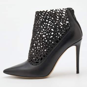 Pre Owned Jimmy Choo Black Leather Laser Cut Ankle Length Boots Size 39