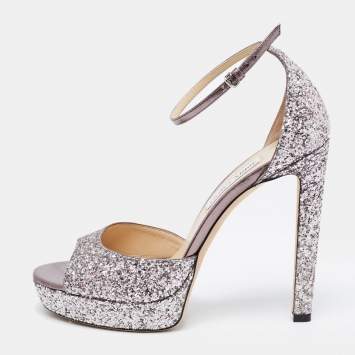 Pre Owned Jimmy Choo Metallic Coarse Glitter Ankle Strap Platform Sandals Size 42