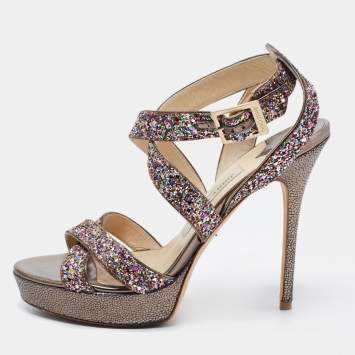 Pre Owned Jimmy Choo Multicolor Glitter and Leather Vamp  Sandals Size 38.5