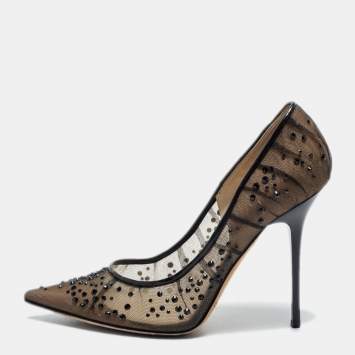 Pre Owned Jimmy Choo Black/Beige Lace and Patent Embellished Pointed Toe Pumps Size 37.5