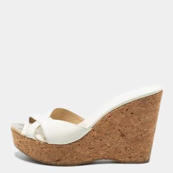 Pre Owned Jimmy Choo Off White Patent Leather Criss Cross Prima Cork Wedge Sandals Size 41