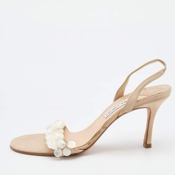 Pre Owned Jimmy Choo Beige Nubuck Leather Embellished Slingback Sandals Size 38